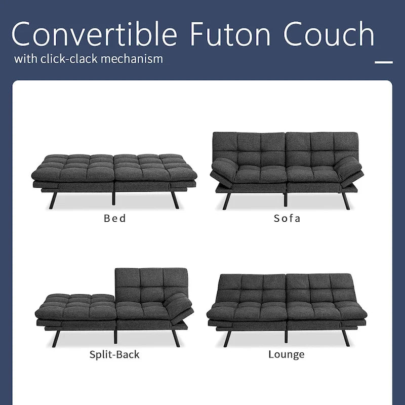 Divano letto futon convertibile in pelle nera/tessuto grigio con braccioli regolabili, 2 posti