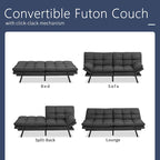 Divano letto futon convertibile in pelle nera/tessuto grigio con braccioli regolabili, 2 posti