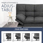 Divano letto futon convertibile in pelle nera/tessuto grigio con braccioli regolabili, 2 posti