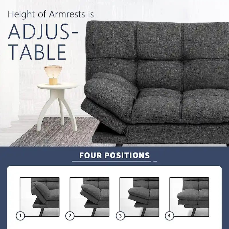 Divano letto futon convertibile in pelle nera/tessuto grigio con braccioli regolabili, 2 posti