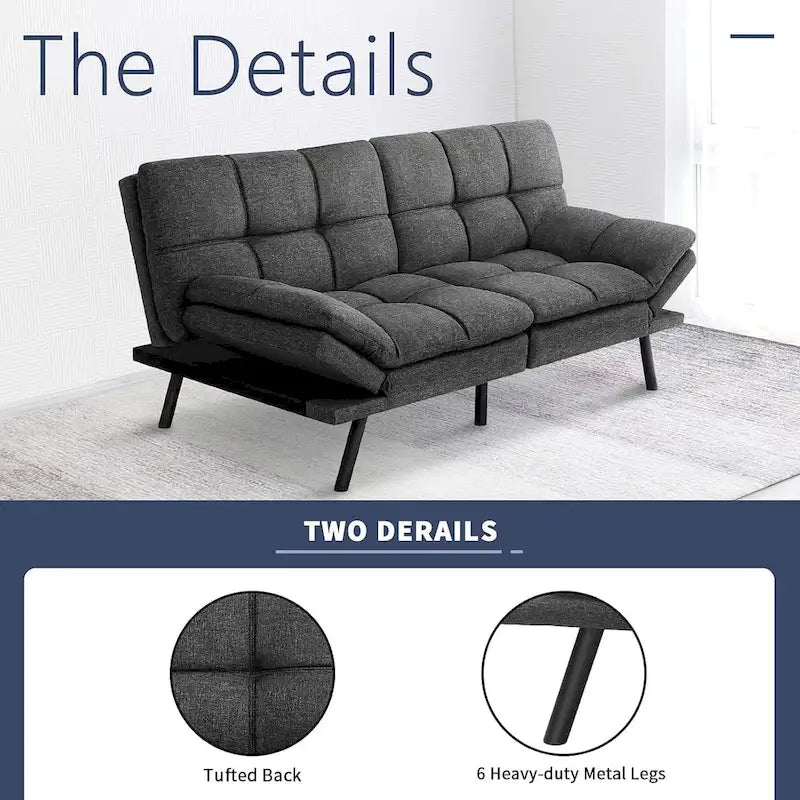 Divano letto futon convertibile in pelle nera/tessuto grigio con braccioli regolabili, 2 posti