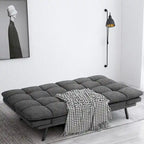 Divano letto futon convertibile in pelle nera/tessuto grigio con braccioli regolabili, 2 posti