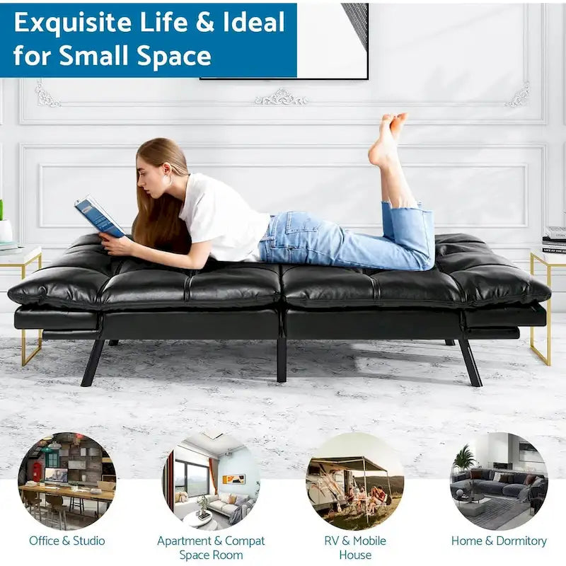 Divano letto futon convertibile in pelle nera/tessuto grigio con braccioli regolabili, 2 posti