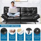 Divano letto futon convertibile in pelle nera/tessuto grigio con braccioli regolabili, 2 posti