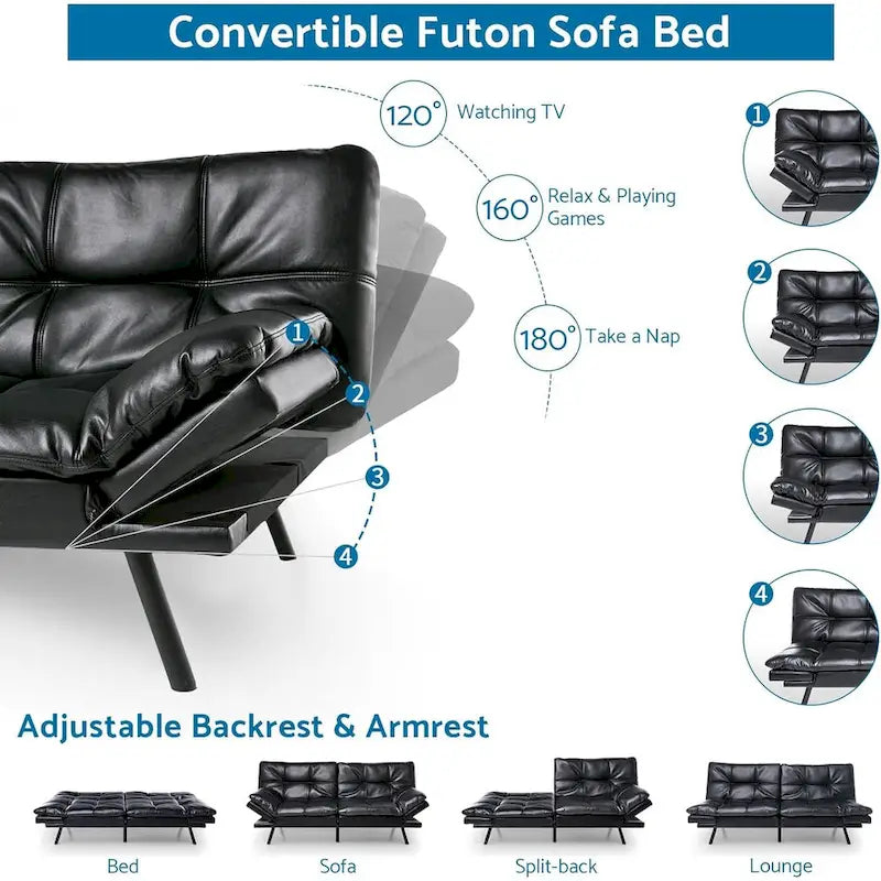 Divano letto futon convertibile in pelle nera/tessuto grigio con braccioli regolabili, 2 posti