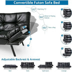 Divano letto futon convertibile in pelle nera/tessuto grigio con braccioli regolabili, 2 posti
