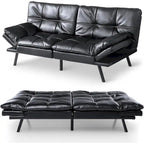 Divano letto futon convertibile in pelle nera/tessuto grigio con braccioli regolabili, 2 posti