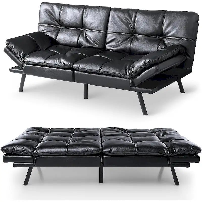 Divano letto futon convertibile in pelle nera/tessuto grigio con braccioli regolabili, 2 posti