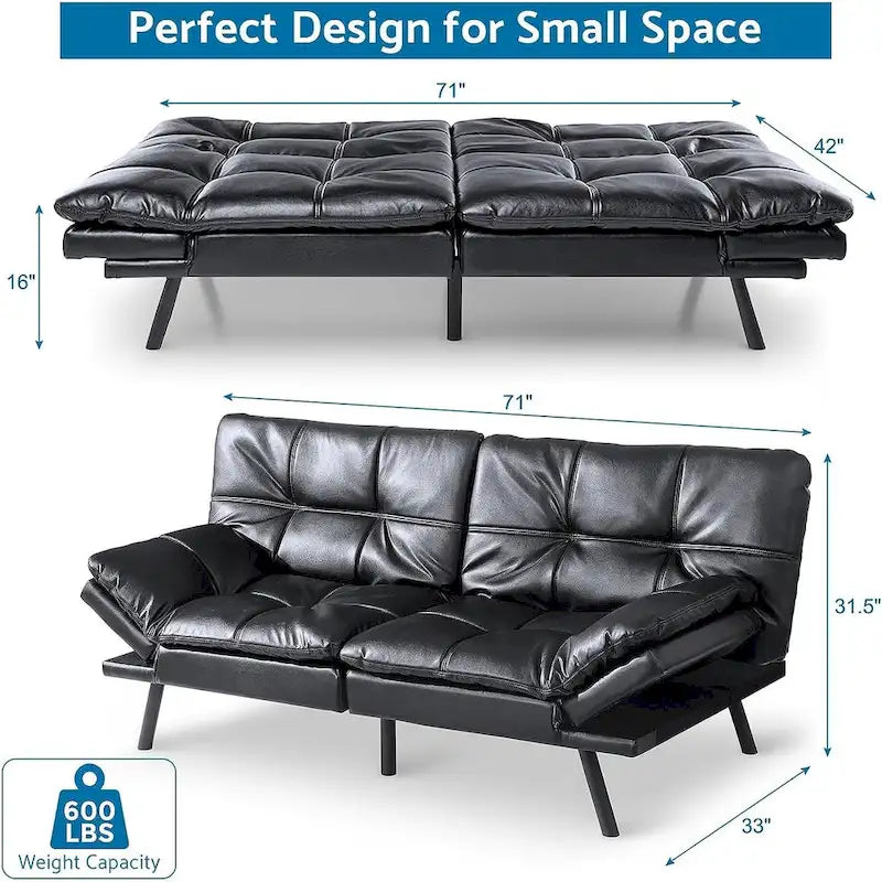 Divano letto futon convertibile in pelle nera/tessuto grigio con braccioli regolabili, 2 posti