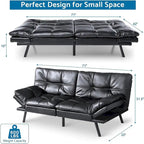 Divano letto futon convertibile in pelle nera/tessuto grigio con braccioli regolabili, 2 posti