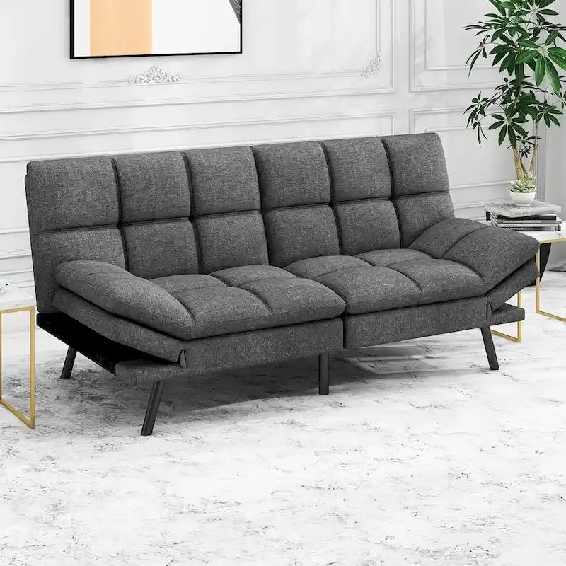 Divano letto futon convertibile in pelle nera/tessuto grigio con braccioli regolabili, 2 posti