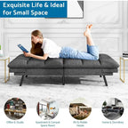 Divano letto futon convertibile in pelle nera/tessuto grigio con braccioli regolabili, 2 posti