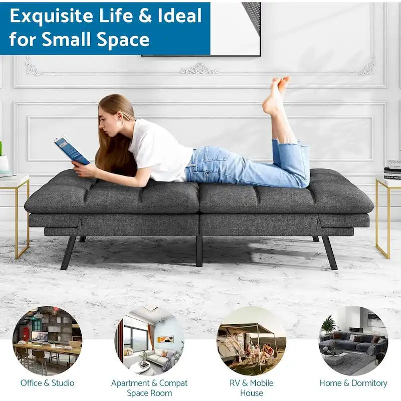 Divano letto futon convertibile in pelle nera/tessuto grigio con braccioli regolabili, 2 posti