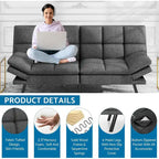 Divano letto futon convertibile in pelle nera/tessuto grigio con braccioli regolabili, 2 posti