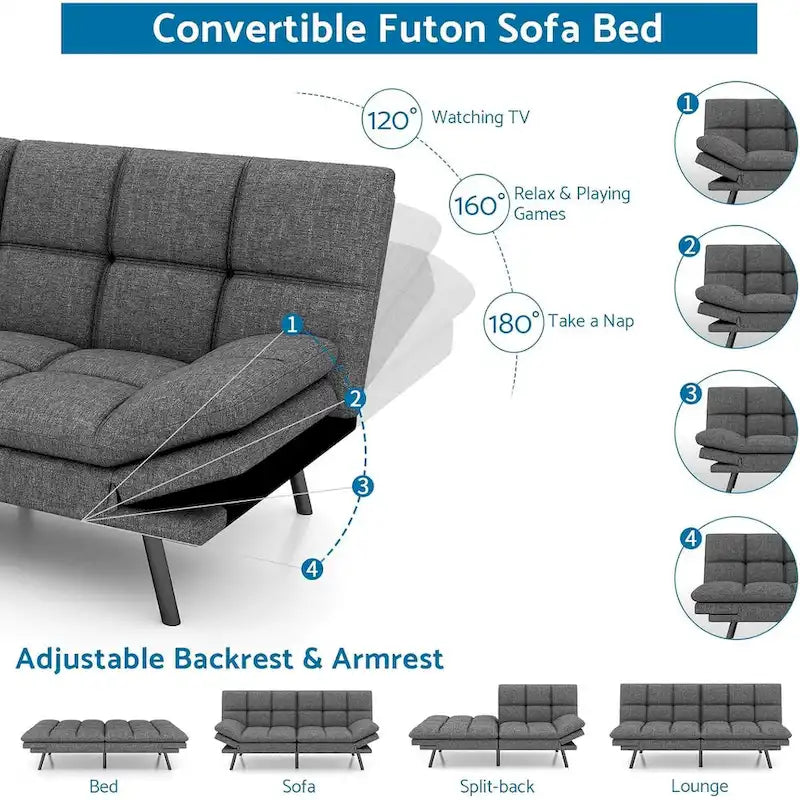 Divano letto futon convertibile in pelle nera/tessuto grigio con braccioli regolabili, 2 posti