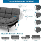 Divano letto futon convertibile in pelle nera/tessuto grigio con braccioli regolabili, 2 posti