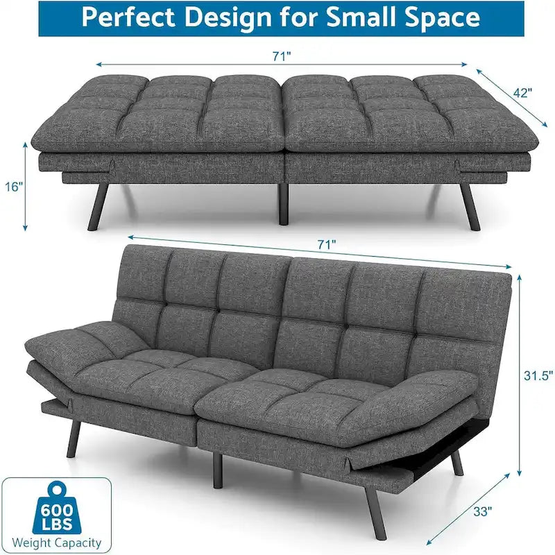 Divano letto futon convertibile in pelle nera/tessuto grigio con braccioli regolabili, 2 posti