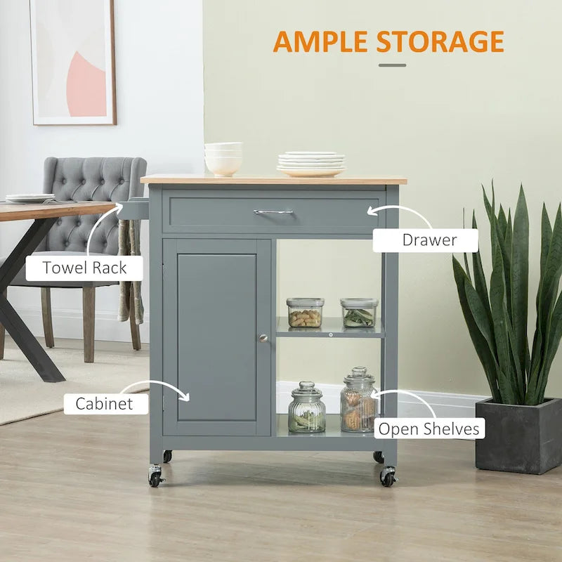 Carrello da Cucina su Ruote con Spazio Contenitore, Grigio / Nero / Bianco, per Uso Domestico