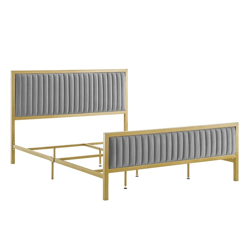 Letto a piattaforma trapuntato in velluto cannellato grigio/blu – Queen/King, 2 posti letto