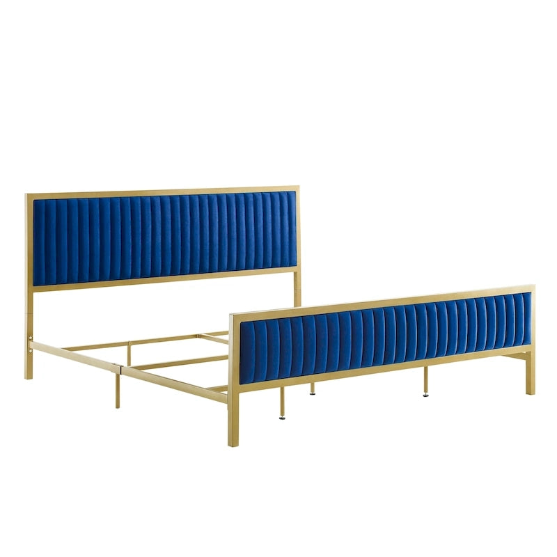 Letto a piattaforma trapuntato in velluto cannellato grigio/blu – Queen/King, 2 posti letto