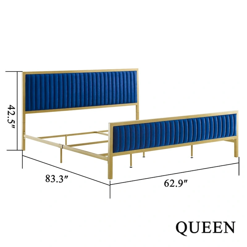 Letto a piattaforma trapuntato in velluto cannellato grigio/blu – Queen/King, 2 posti letto