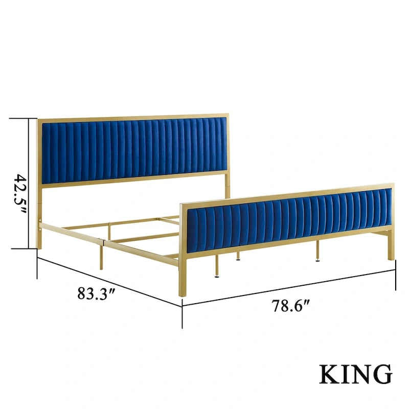 Letto a piattaforma trapuntato in velluto cannellato grigio/blu – Queen/King, 2 posti letto