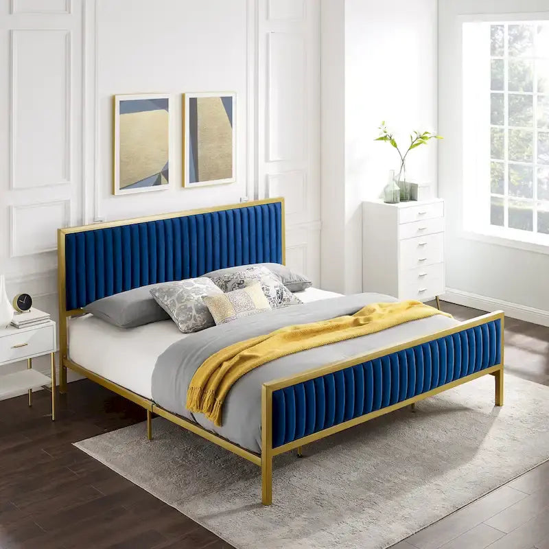 Letto a piattaforma trapuntato in velluto cannellato grigio/blu – Queen/King, 2 posti letto