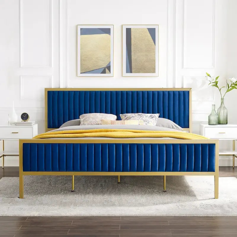 Letto a piattaforma trapuntato in velluto cannellato grigio/blu – Queen/King, 2 posti letto