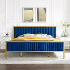 Letto a piattaforma trapuntato in velluto cannellato grigio/blu – Queen/King, 2 posti letto