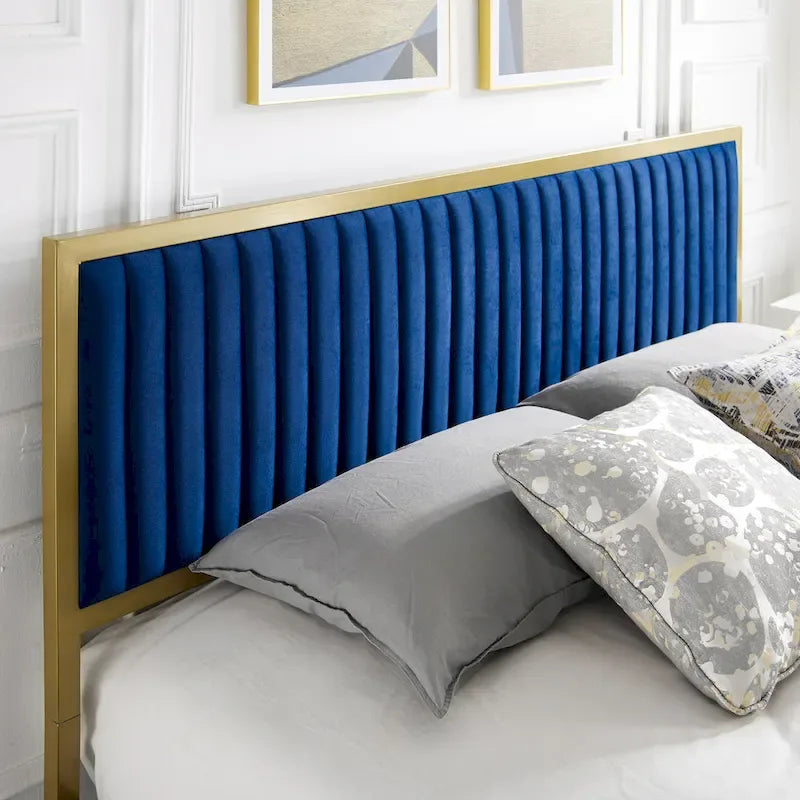 Letto a piattaforma trapuntato in velluto cannellato grigio/blu – Queen/King, 2 posti letto