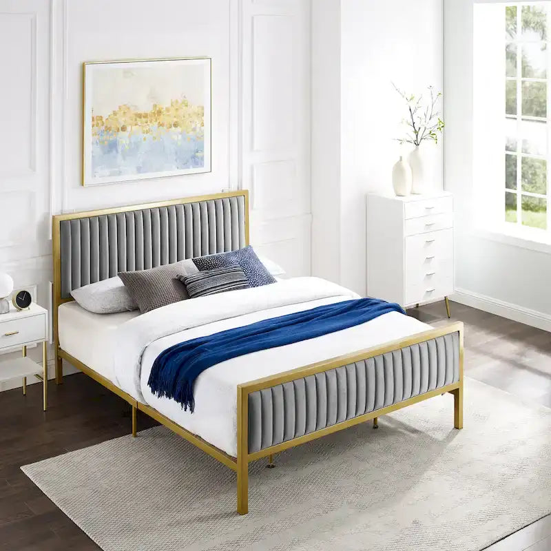 Letto a piattaforma trapuntato in velluto cannellato grigio/blu – Queen/King, 2 posti letto