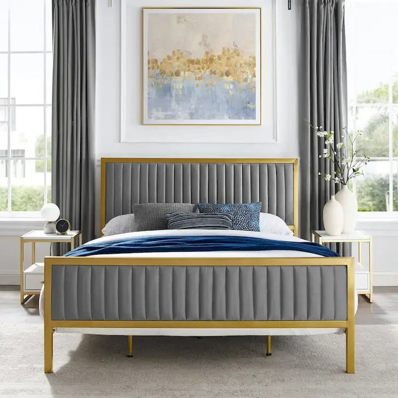 Letto a piattaforma trapuntato in velluto cannellato grigio/blu – Queen/King, 2 posti letto