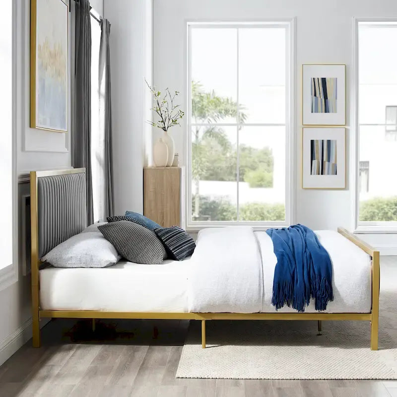 Letto a piattaforma trapuntato in velluto cannellato grigio/blu – Queen/King, 2 posti letto