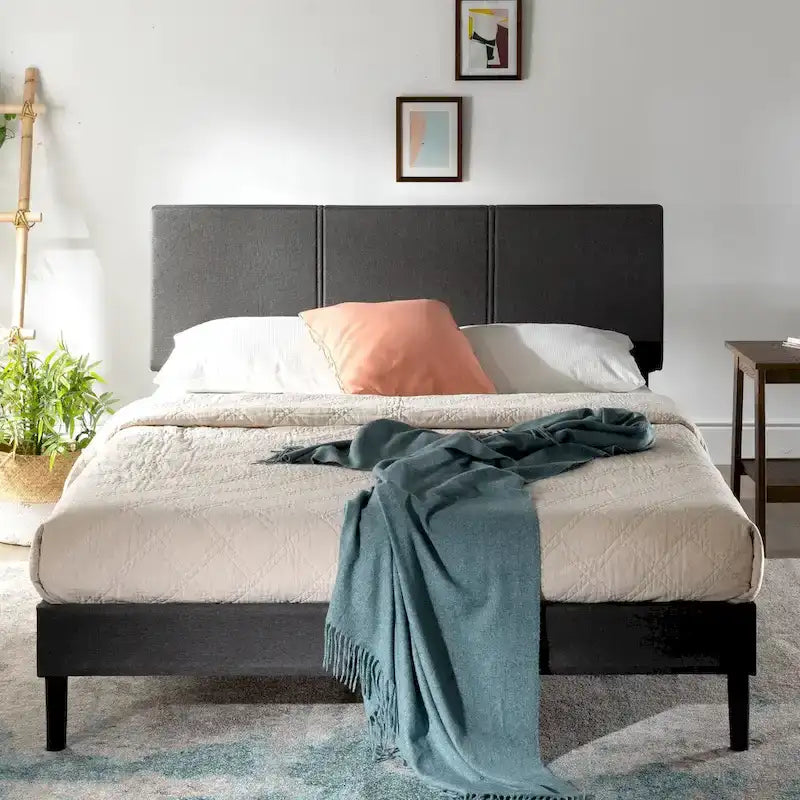 Struttura letto imbottita grigia con base a piattaforma, doghe in bambù, per 1-2 persone