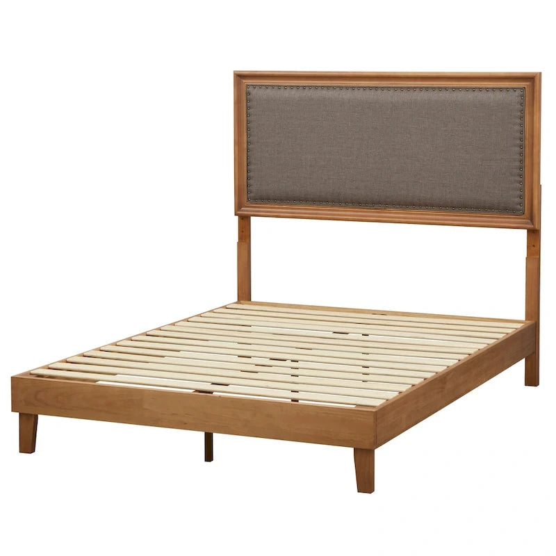 Letto Queen imbottito grigio/beige per 1-2 persone, stile rustico con borchie