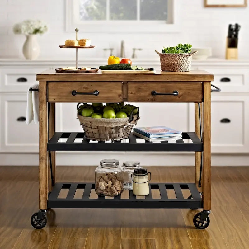 Carrello da Cucina con Piano in Legno di Rovere, Stile Industriale, Bancone in Legno