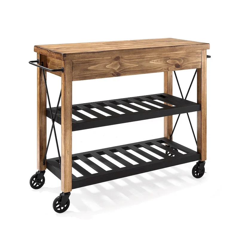 Carrello da Cucina con Piano in Legno di Rovere, Stile Industriale, Bancone in Legno