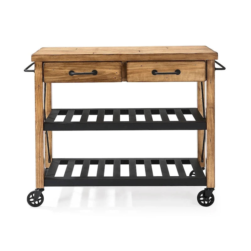 Carrello da Cucina con Piano in Legno di Rovere, Stile Industriale, Bancone in Legno