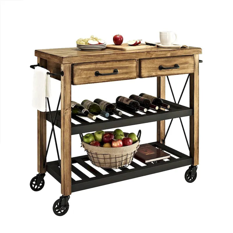 Carrello da Cucina con Piano in Legno di Rovere, Stile Industriale, Bancone in Legno