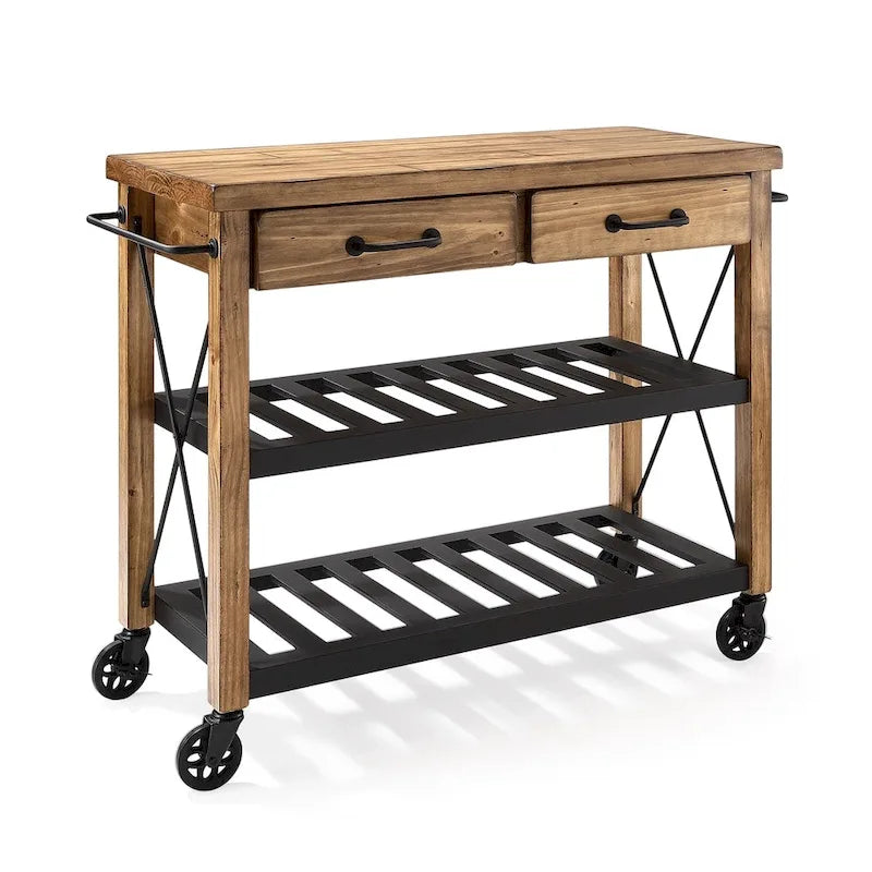 Carrello da Cucina con Piano in Legno di Rovere, Stile Industriale, Bancone in Legno