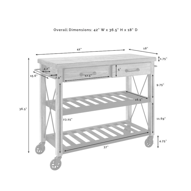 Carrello da Cucina con Piano in Legno di Rovere, Stile Industriale, Bancone in Legno