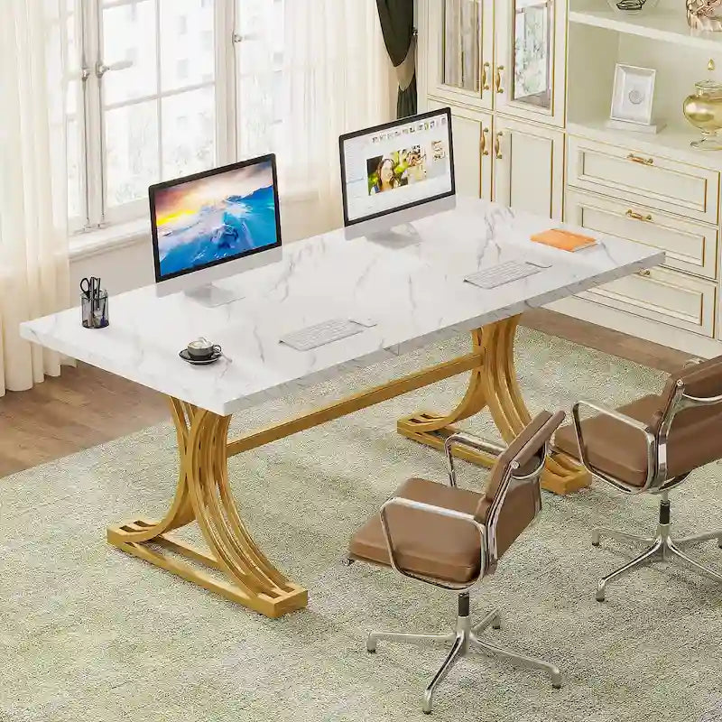 Scrivania White+Gold / Grey+Black con piano in finto marmo – Stile moderno a cavalletto, 1 persona