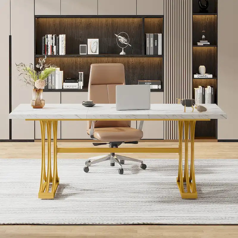 Scrivania White+Gold / Grey+Black con piano in finto marmo – Stile moderno a cavalletto, 1 persona