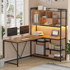 Scrivania ad angolo a L bianca/nera/marrone con luci LED e libreria, 1-3 utenti