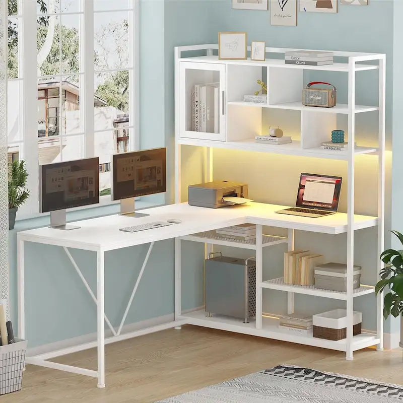 Scrivania ad angolo a L bianca/nera/marrone con luci LED e libreria, 1-3 utenti