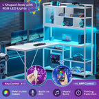 Scrivania ad angolo a L bianca/nera/marrone con luci LED e libreria, 1-3 utenti