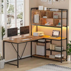 Scrivania ad angolo a L bianca/nera/marrone con luci LED e libreria, 1-3 utenti