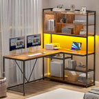 Scrivania ad angolo a L bianca/nera/marrone con luci LED e libreria, 1-3 utenti
