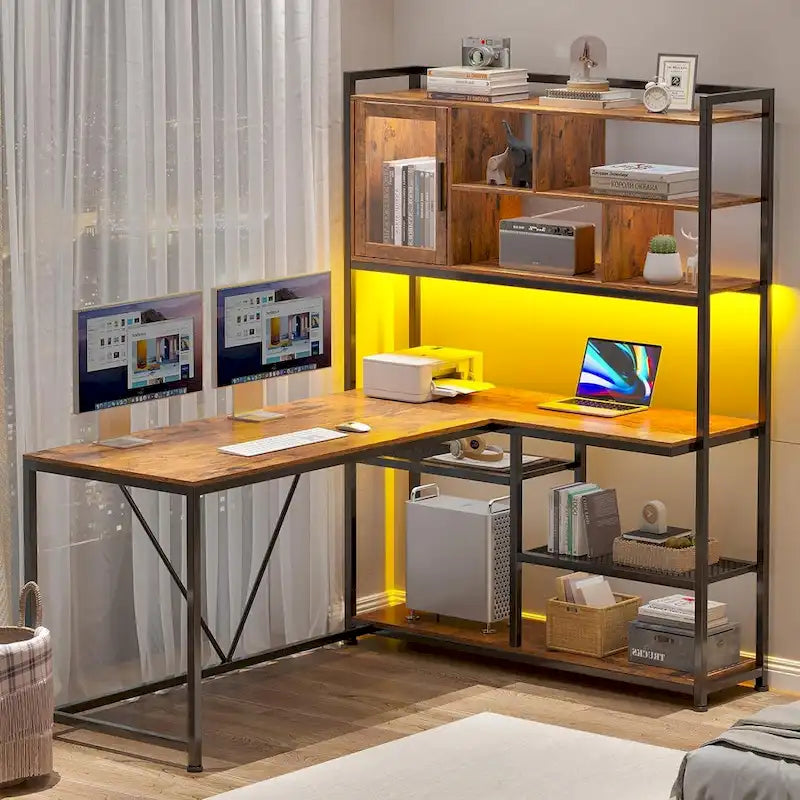 Scrivania ad angolo a L bianca/nera/marrone con luci LED e libreria, 1-3 utenti
