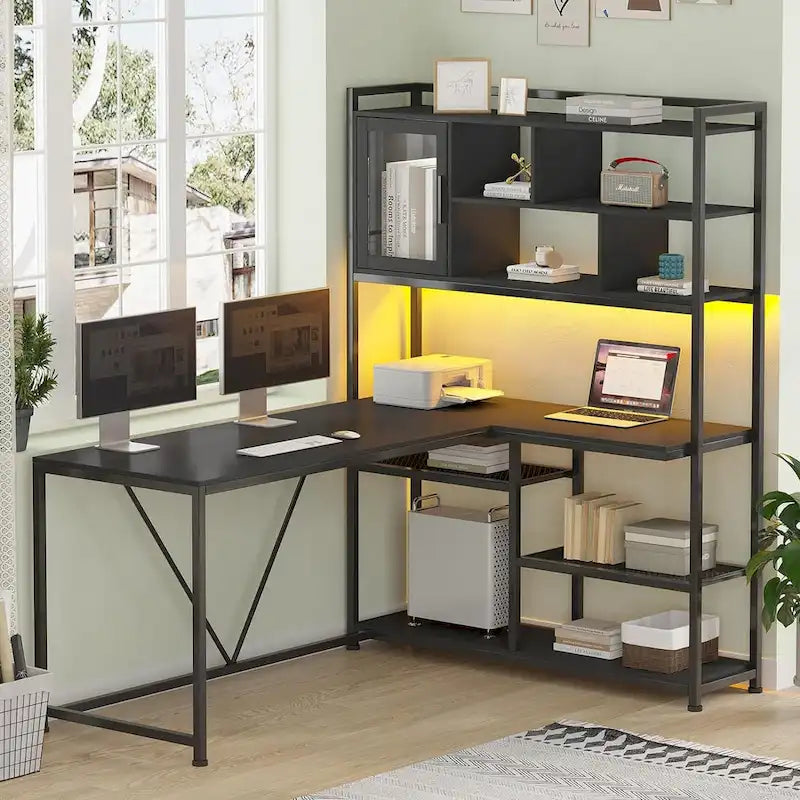 Scrivania ad angolo a L bianca/nera/marrone con luci LED e libreria, 1-3 utenti